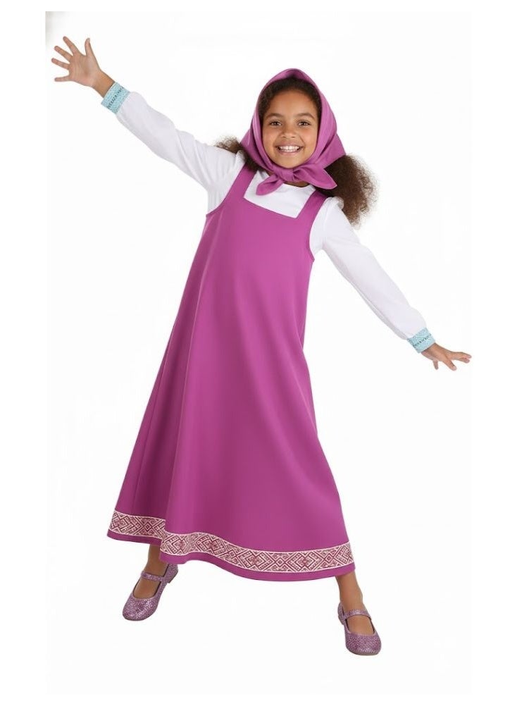 بريميم طقم زي تنكري للأطفال لشخصية ماشا الكرتونية، يتضمن فستانًا بغطاء رأس، مناسب للحفلات التنكرية. - Image 2